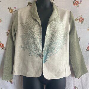 Unique Boho Fantasy Tree of Life Jacket Single Button Emblishment Sage Teal Blue